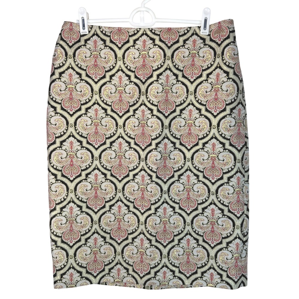 Talbots Womens 6 Damask Brocade Pencil Skirt Gold Pink Black Silk Blend Metallic